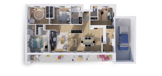 Plan de maison Surface terrain 104 m2 - 4 pièces - 3  chambres -  avec garage 