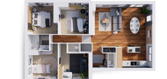 Plan de maison Surface terrain 91 m2 - 4 pièces - 3  chambres -  avec garage 